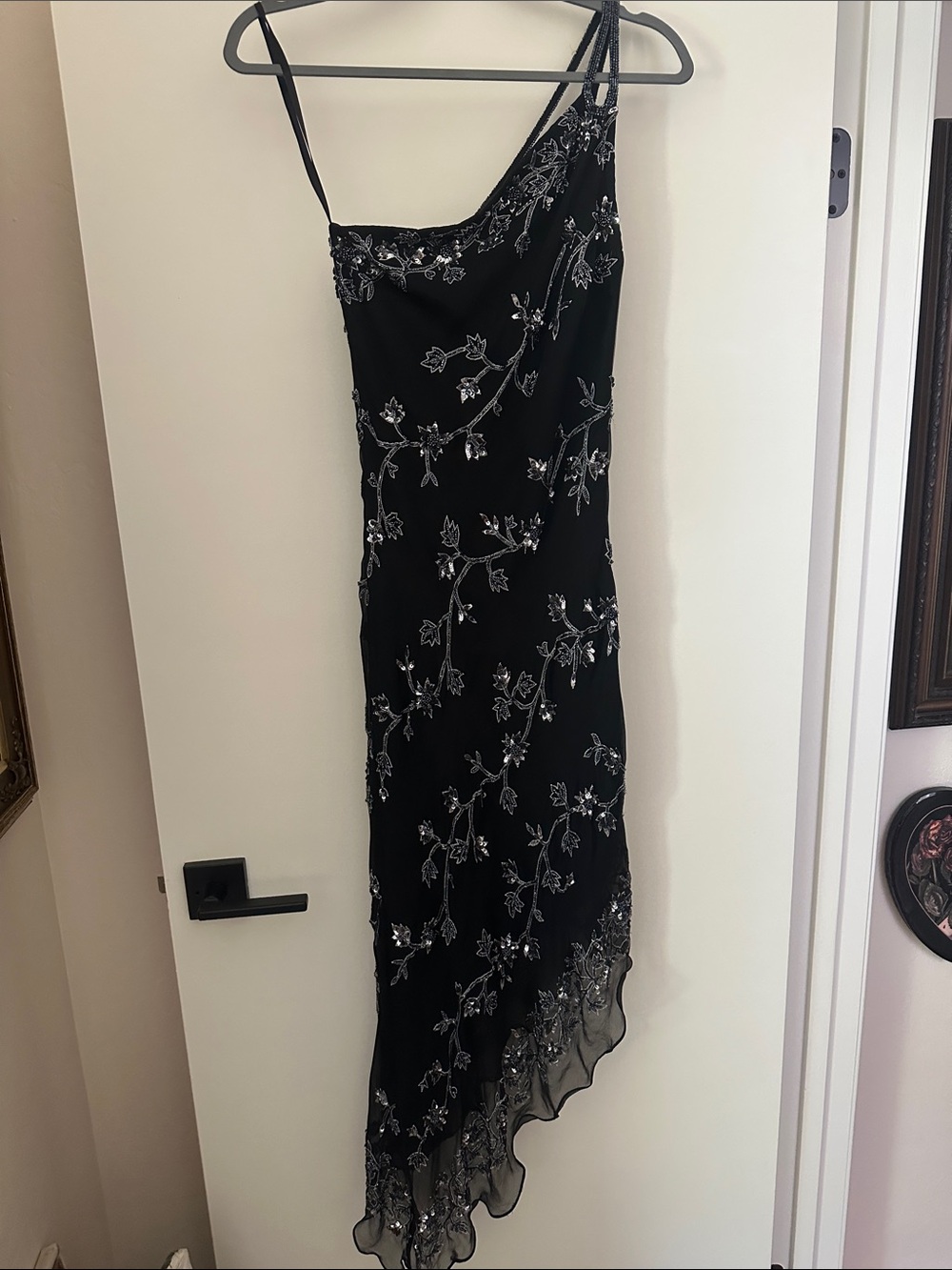 Scala Black One-Shoulder Asymmetrical Evening Dress with Silver Bead Embroidery